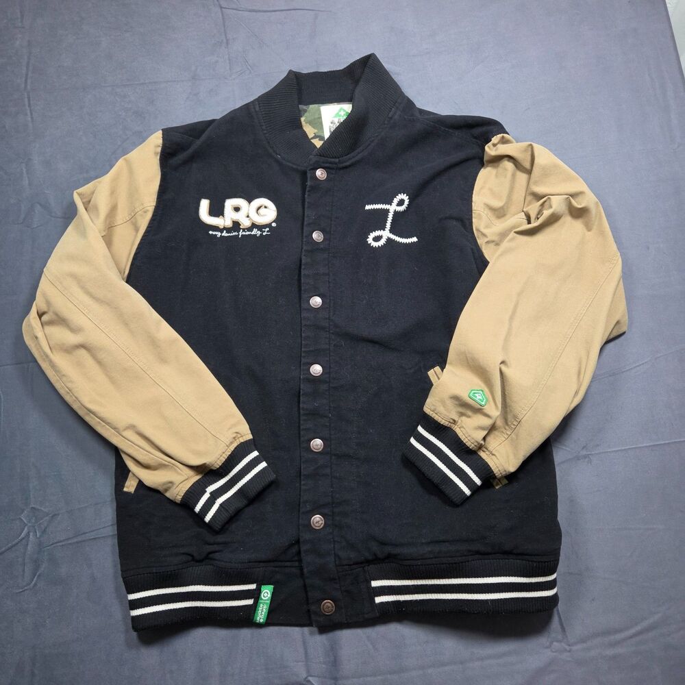 LRG Lifted Research Group Varsity Jacket 2XL Black Tan Streetwear Embroidered